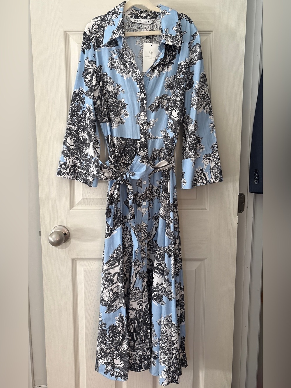 Vintage inspired Zara Blue and Black Floral Shirt Dress